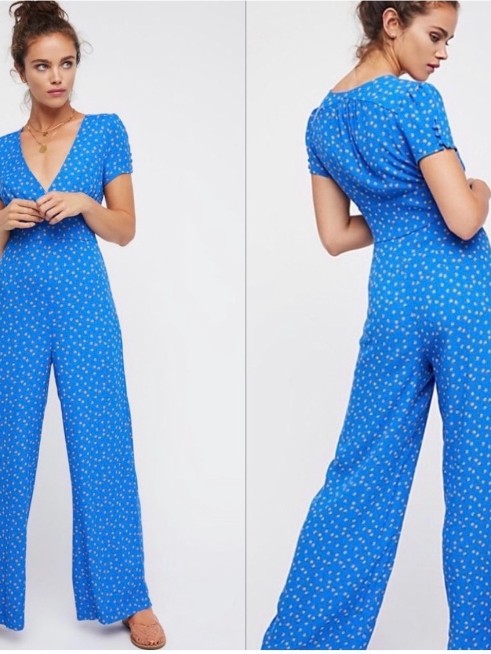Free People | Mia Blue Floral Print V-Neck Jumpsuit
